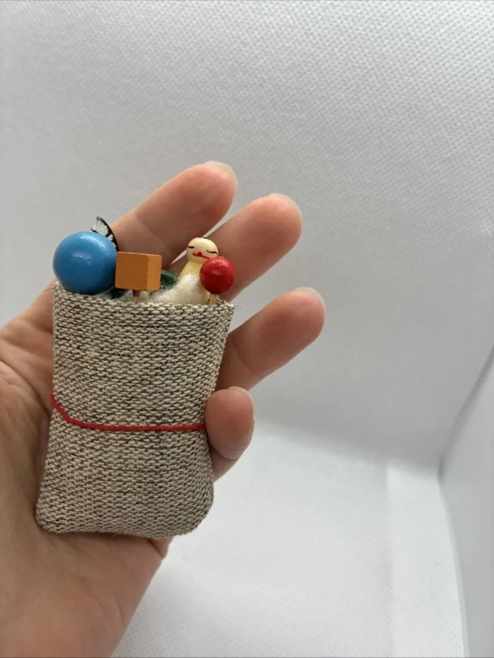 Vintage Miniature Toy Sack Tiered Tray Decor Wooden Toys Christmas Holiday Decor